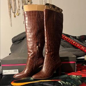 Vince Camuto Dark Brown Croc-Patterned Heeled Boots